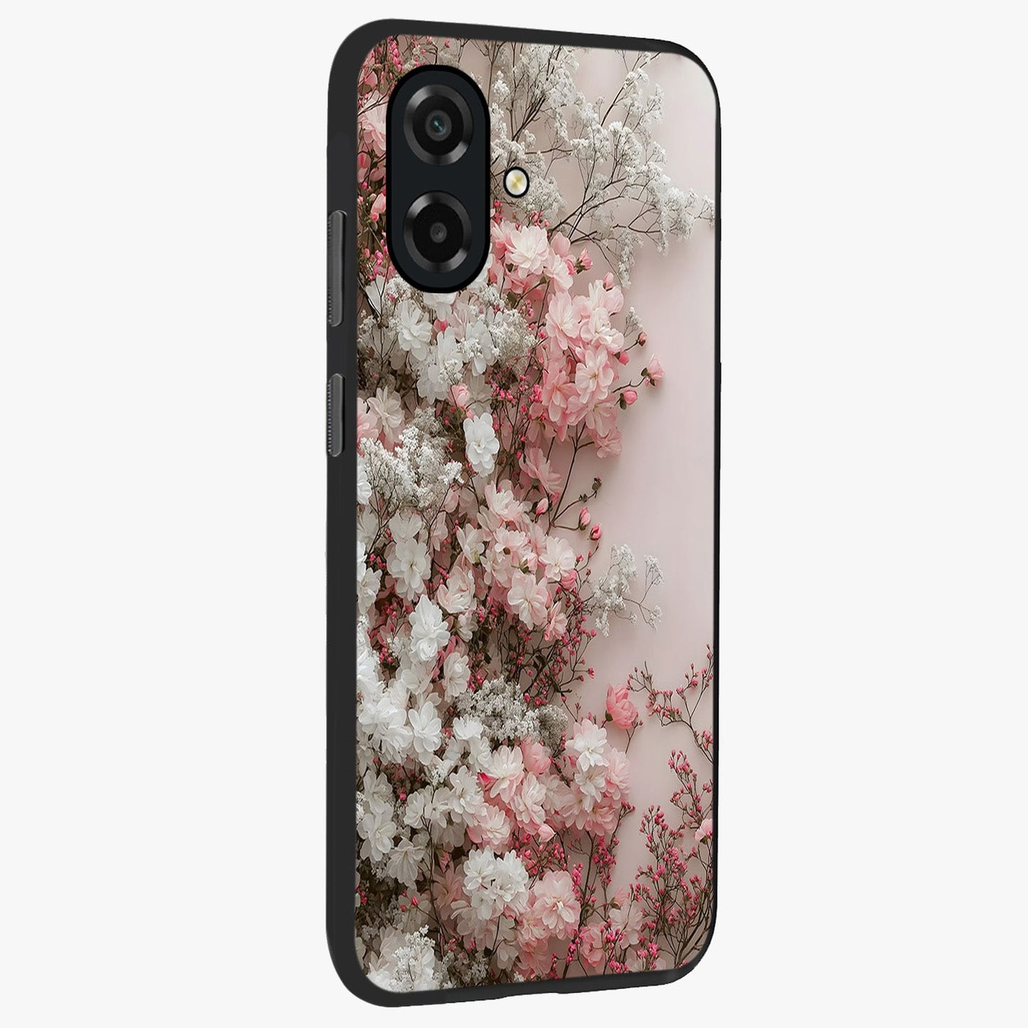Blush Blossom Cloud Glass Case upright view showcasing calm floral cloud artwork with gentle dreamy theme.