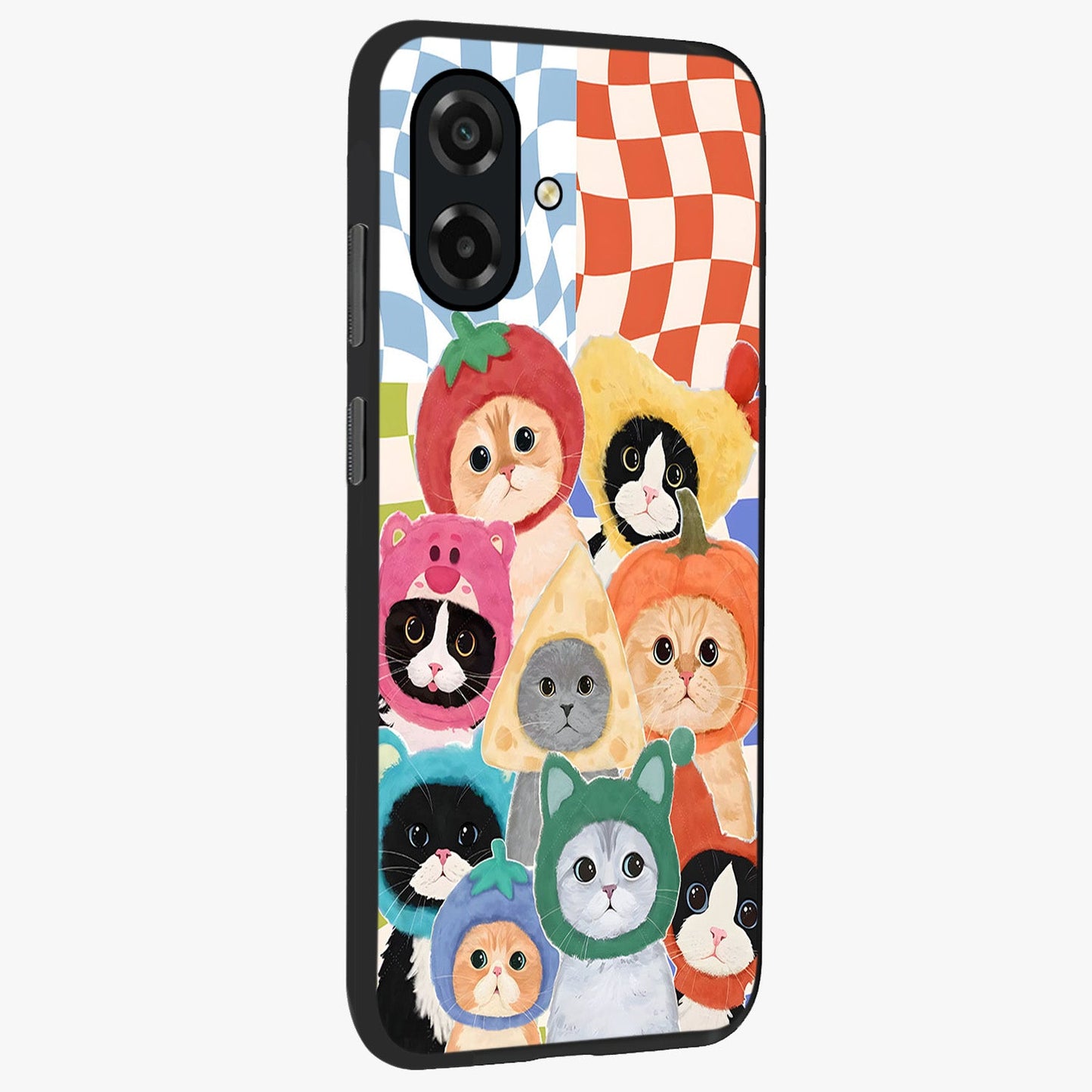 Cats in Fruits Glass Case upright view showcasing charming cat artwork with fun fruity theme.