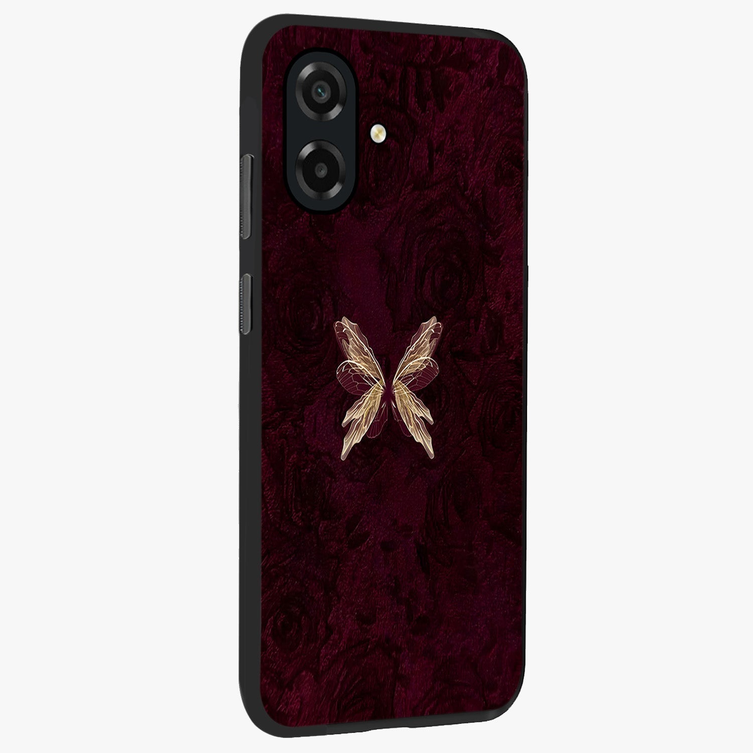 Crimson Fade Butterfly Glass Case upright view showcasing graceful butterfly artwork with soft crimson fade effect.
