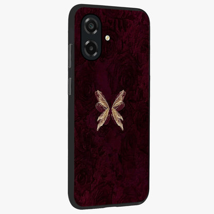Crimson Fade Butterfly Glass Case upright view showcasing graceful butterfly artwork with soft crimson fade effect.