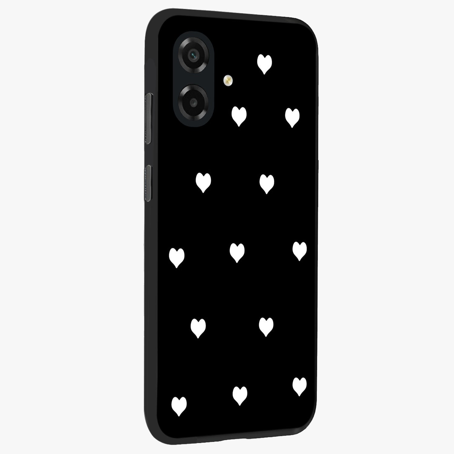 Cute And Simple White Hearts Glass Case upright view showcasing simple white hearts artwork with soft minimal theme.