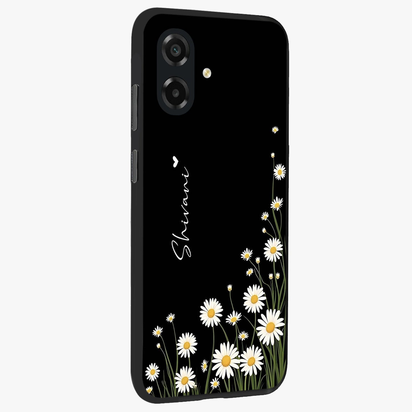 Daisy Cascade Custom Name Glass Case upright view showcasing elegant floral cascade design with personalized aesthetic.