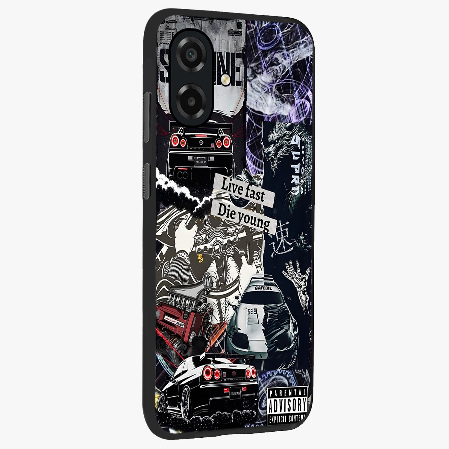 Die Young Glass Case upright view showcasing striking typography artwork with modern statement theme.