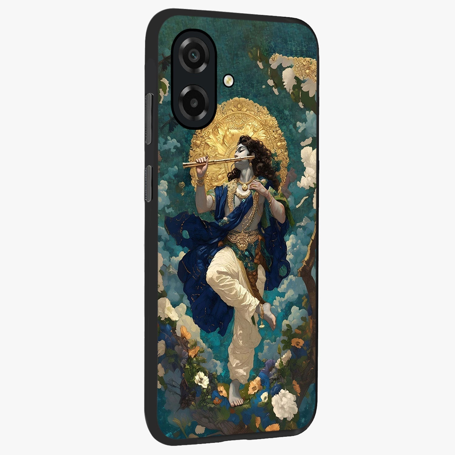 Divine Krishna Art Glass Case upright view showcasing divine Krishna artwork with sacred artistic theme.