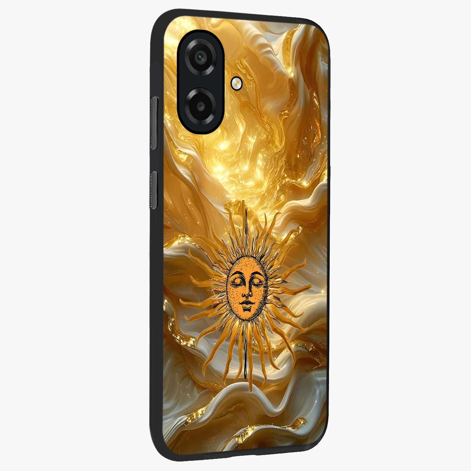 Eternal Golden Glow Glass Case upright view showcasing luminous golden artwork with luxurious visual theme.