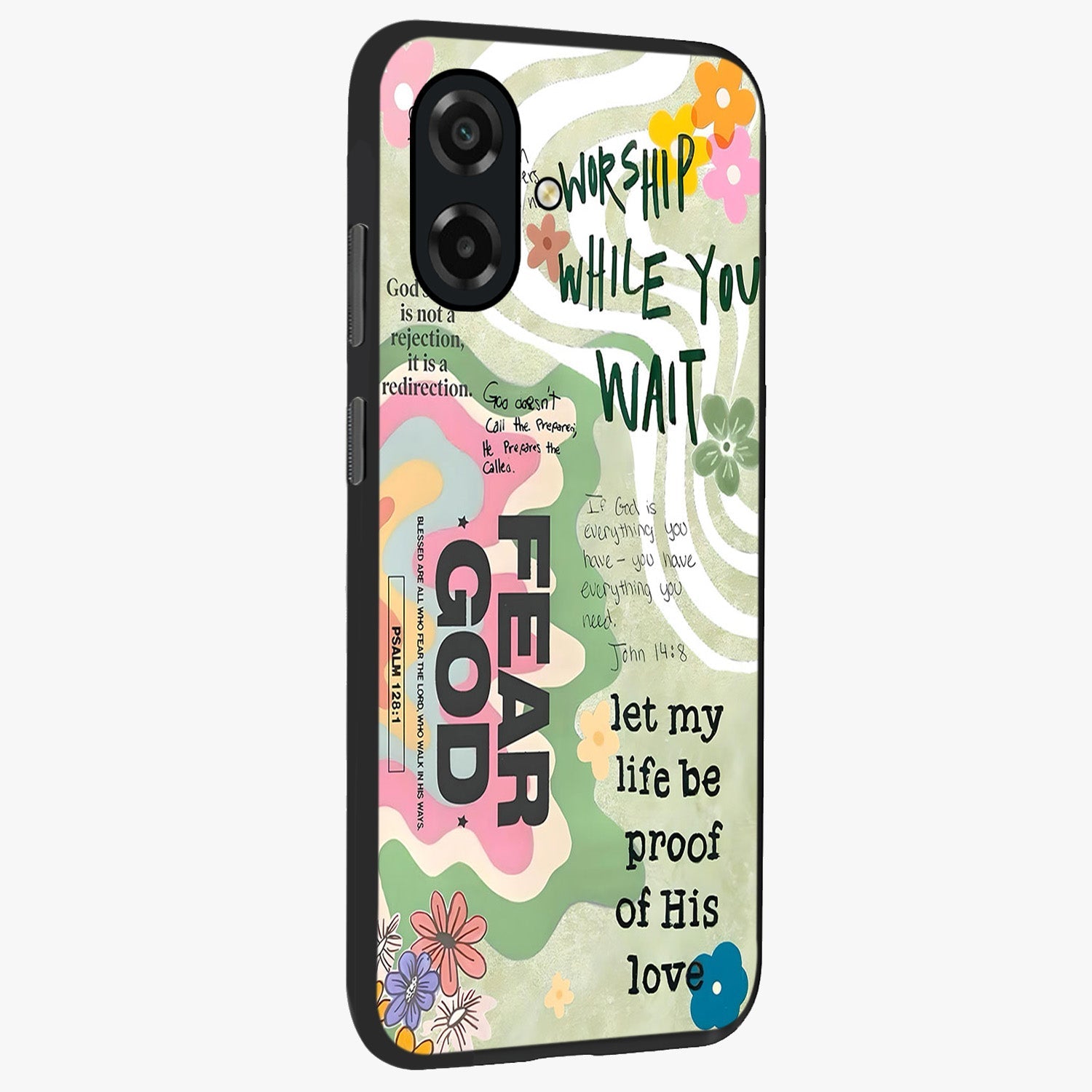 Faith Over Fear Glass Case upright view showcasing bold typography artwork with uplifting motivational theme.