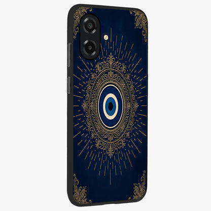 Golden Celestial Charm Glass Case upright view showcasing radiant celestial artwork with elegant golden theme.