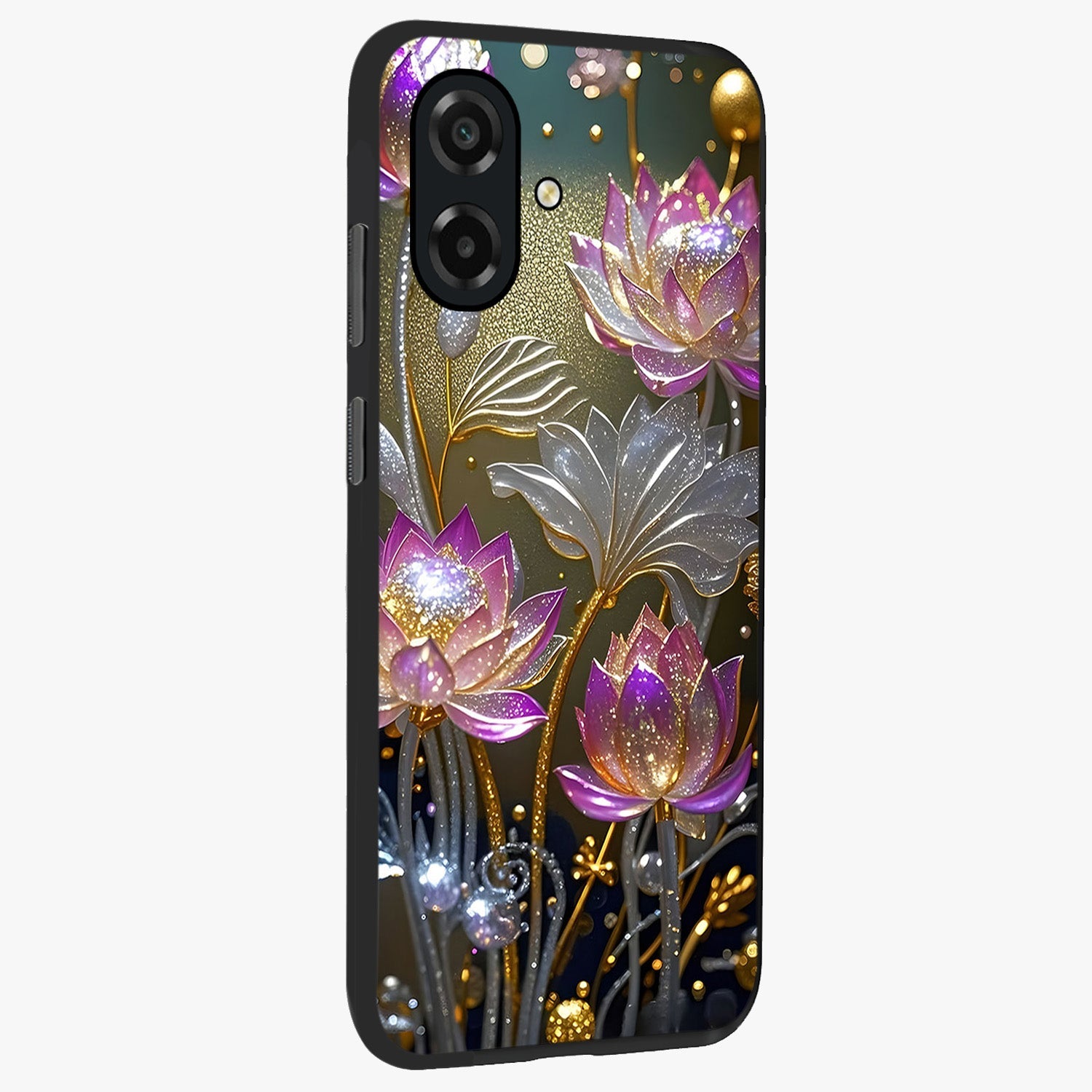 Golden Floral Majesty Glass Case upright view showcasing majestic floral artwork with rich decorative theme.