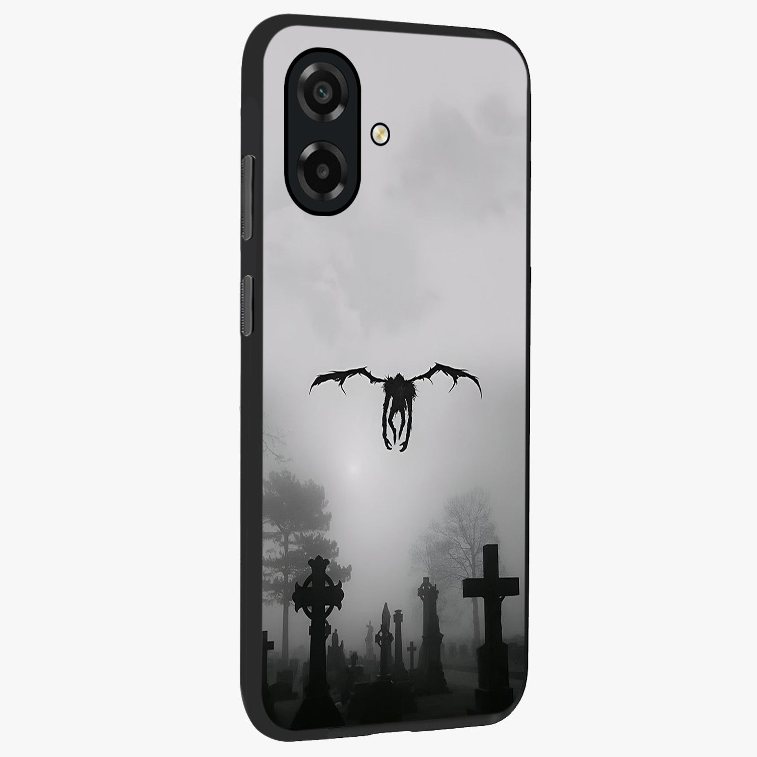 Graveyard Shadow Descent Glass Case upright view showcasing haunting graveyard artwork with dramatic dark theme.