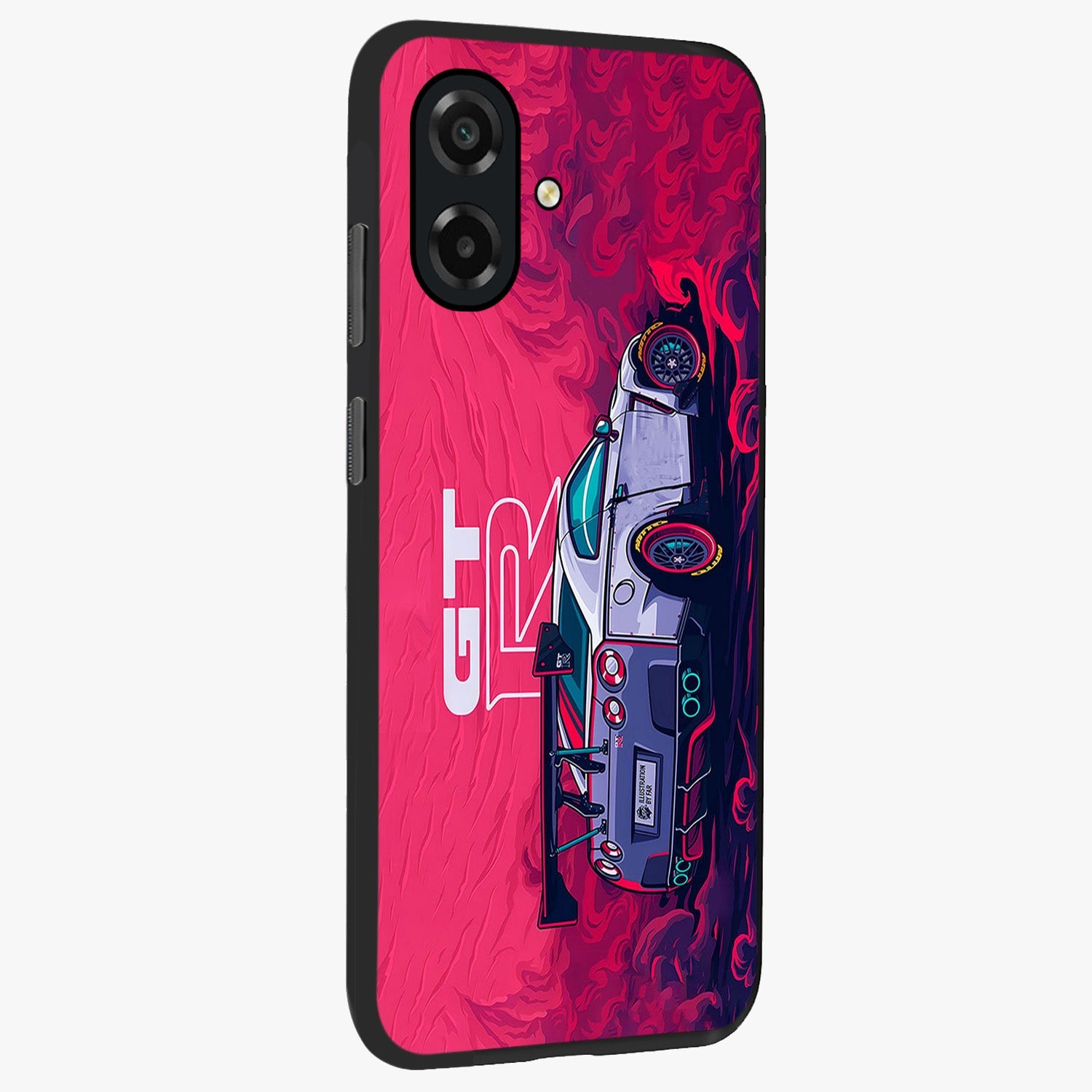 GT-R Car Pattern Glass Case upright view showcasing dynamic car pattern artwork with modern sports theme.