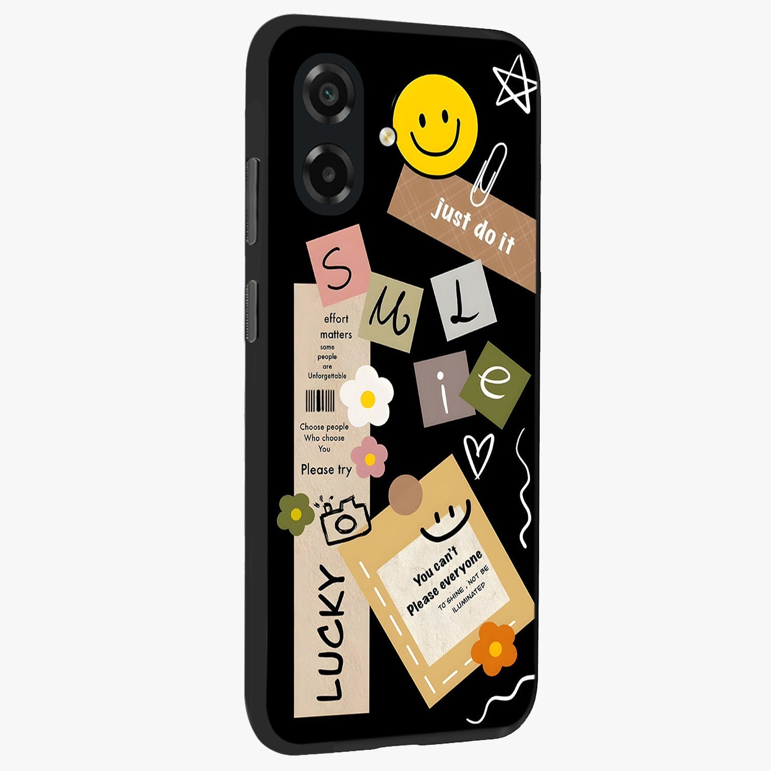 Lucky Aesthetic Collage Glass Case upright view showcasing vibrant collage artwork with youthful aesthetic theme.