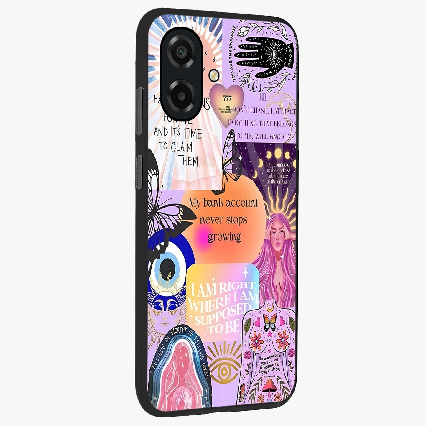 Manifestation Collage Glass Case upright view showcasing artistic manifestation themed artwork with creative style.
