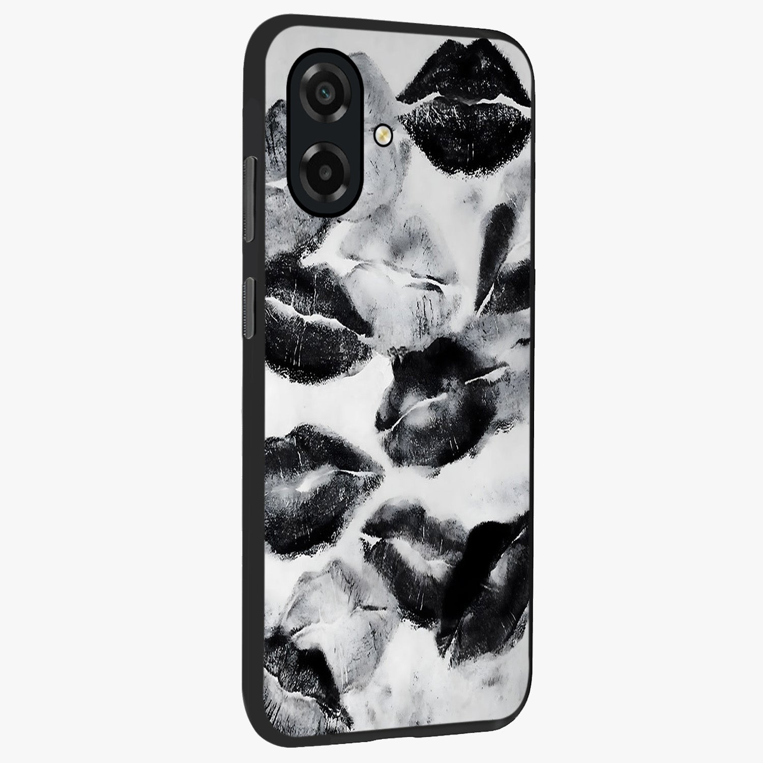 Midnight Kiss Marks Glass Case upright view showcasing stylish kiss mark artwork with trendy romantic theme.