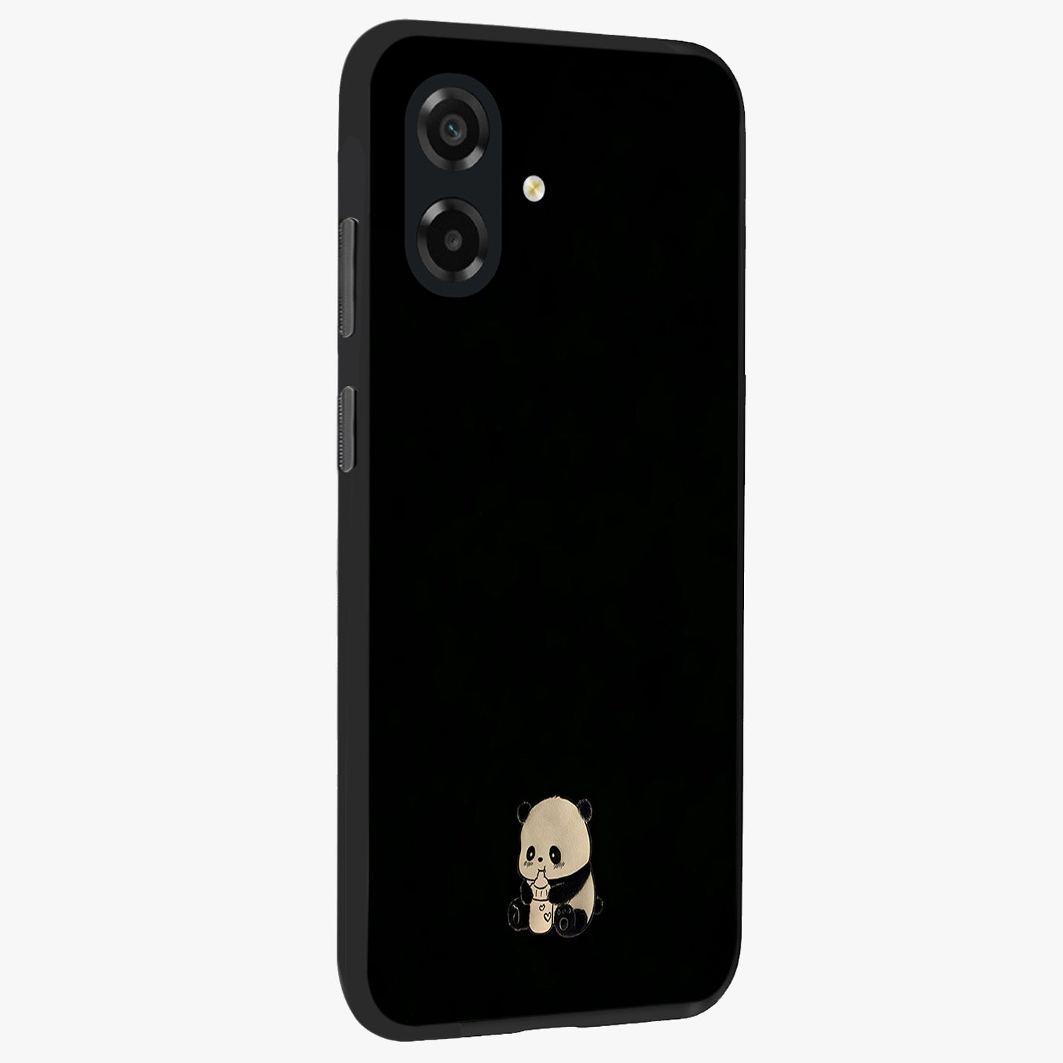 Midnight Panda Love Glass Case upright view showcasing charming panda artwork with playful romantic theme.