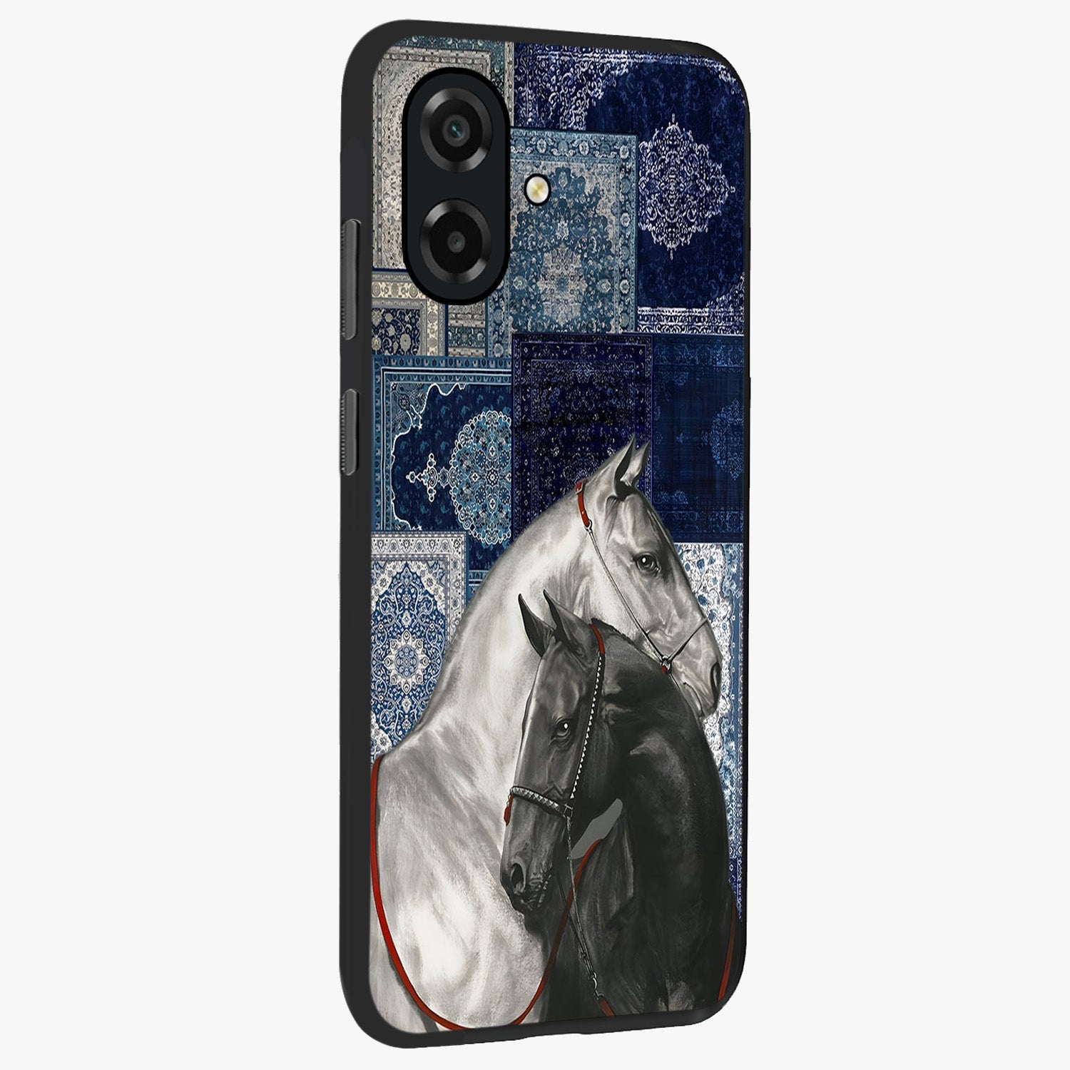 Midnight Stallion Blues Glass Case upright view showcasing dramatic horse artwork with bold artistic theme.