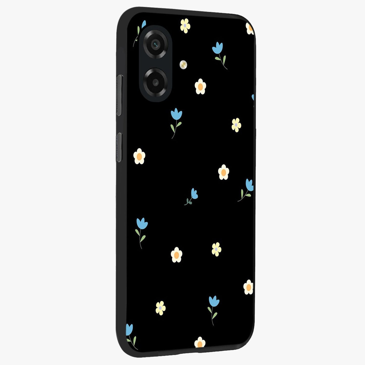 Minimal Petal Whispers Glass Case upright view showcasing elegant floral artwork with modern minimalist style.