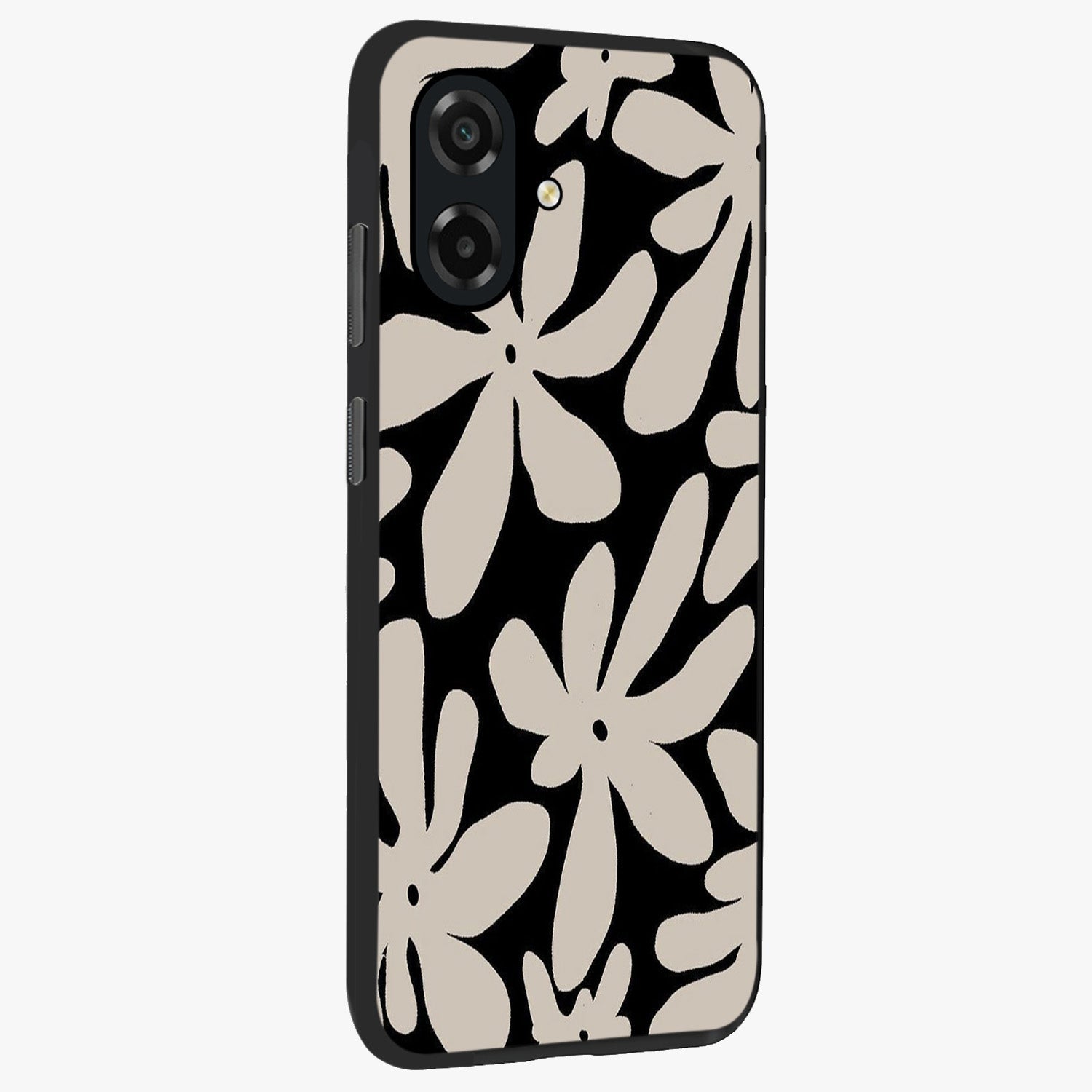 Monochrome Petal Dance Glass Case upright view showcasing artistic floral pattern with stylish monochrome theme.