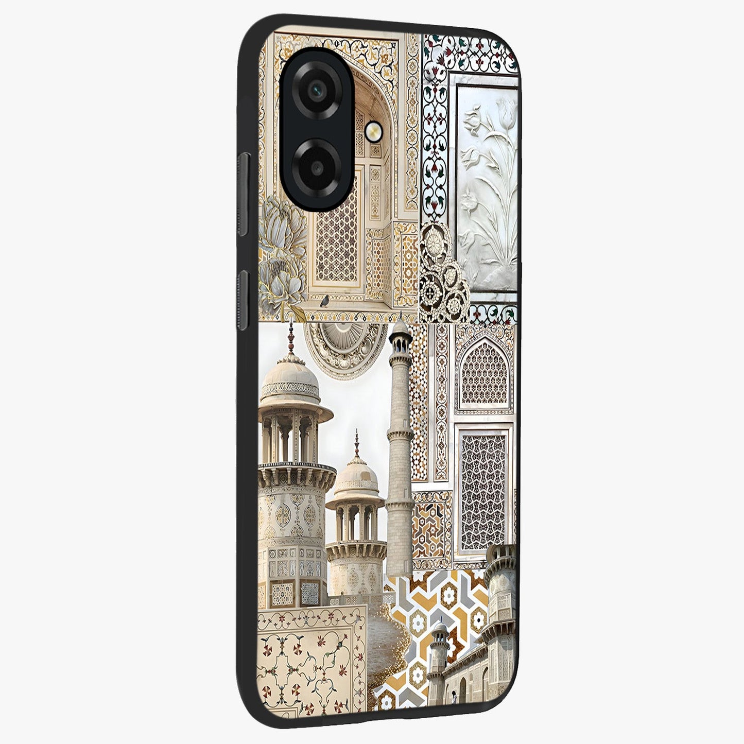 Mughal Marble Legacy Glass Case upright view showcasing ornate Mughal design with luxurious traditional theme.