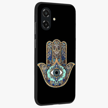 Mystic Hamsa Eye Glass Case upright view showcasing detailed hamsa eye artwork with protective spiritual theme.