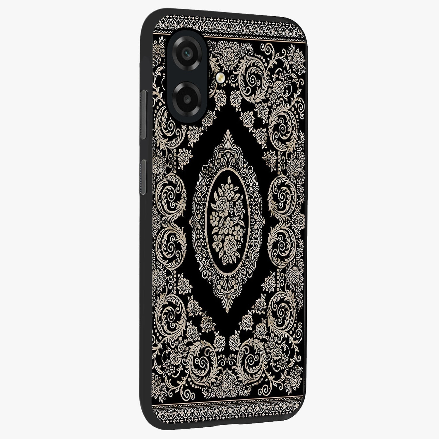 Noir Bloom Elegance Glass Case upright view showcasing graceful floral artwork with luxurious dark theme.