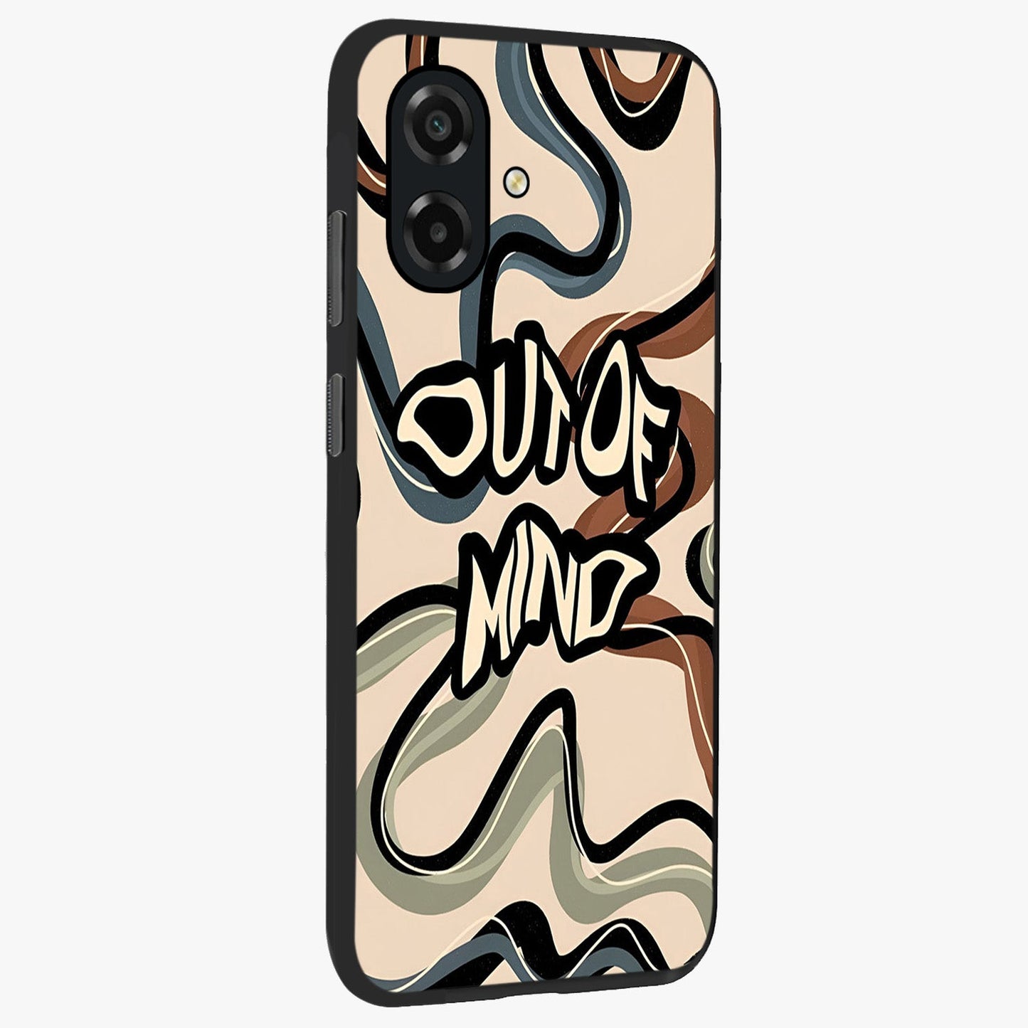 Out Of Mind Glass Case upright view showcasing striking typography artwork with edgy conceptual theme.
