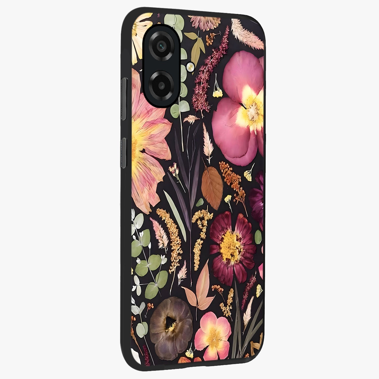 Petal Dream Tapestry Glass Case upright view showcasing detailed floral tapestry artwork with artistic nature theme.