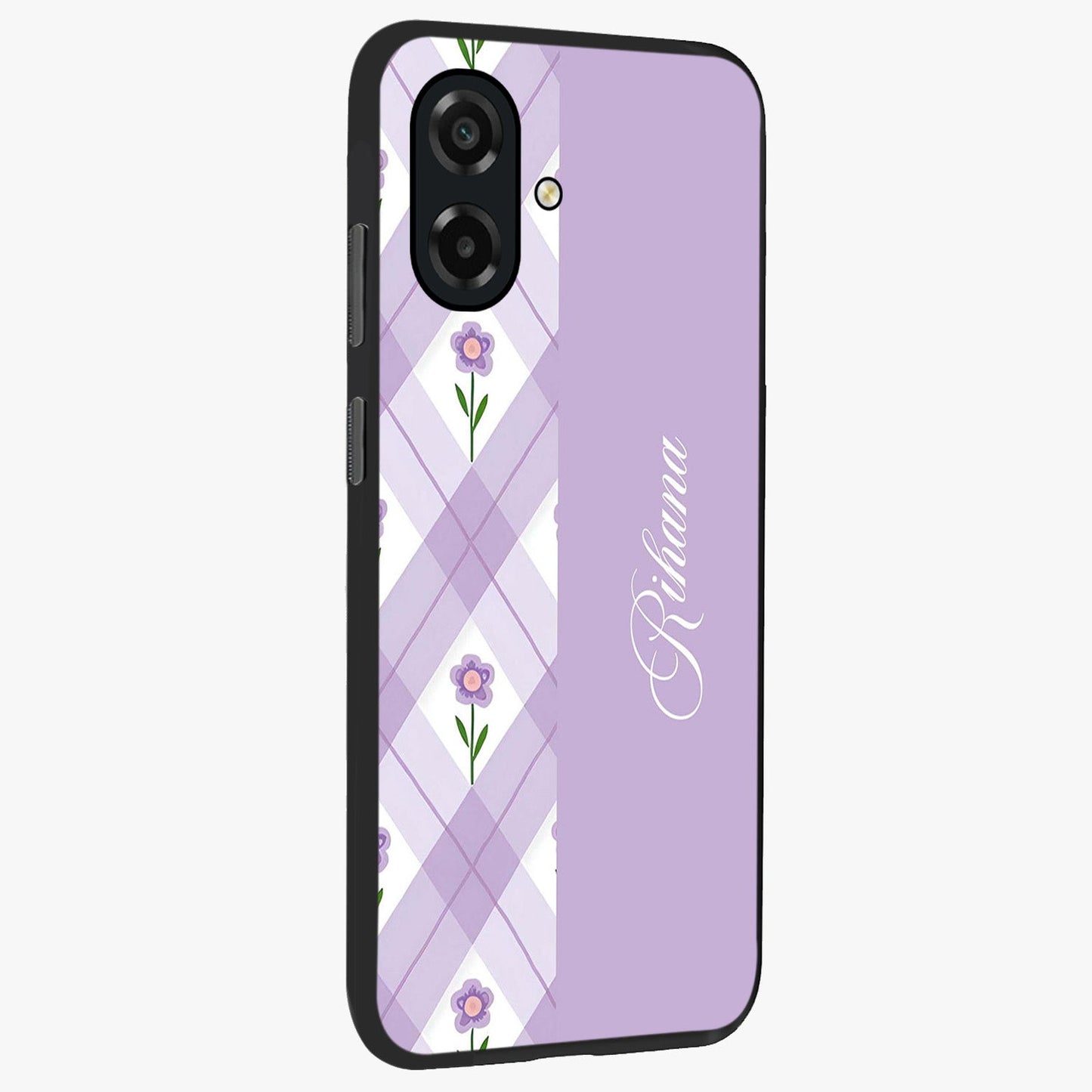 Purple Diamond Floral Glass Case upright view showcasing vibrant floral artwork with stylish geometric theme.