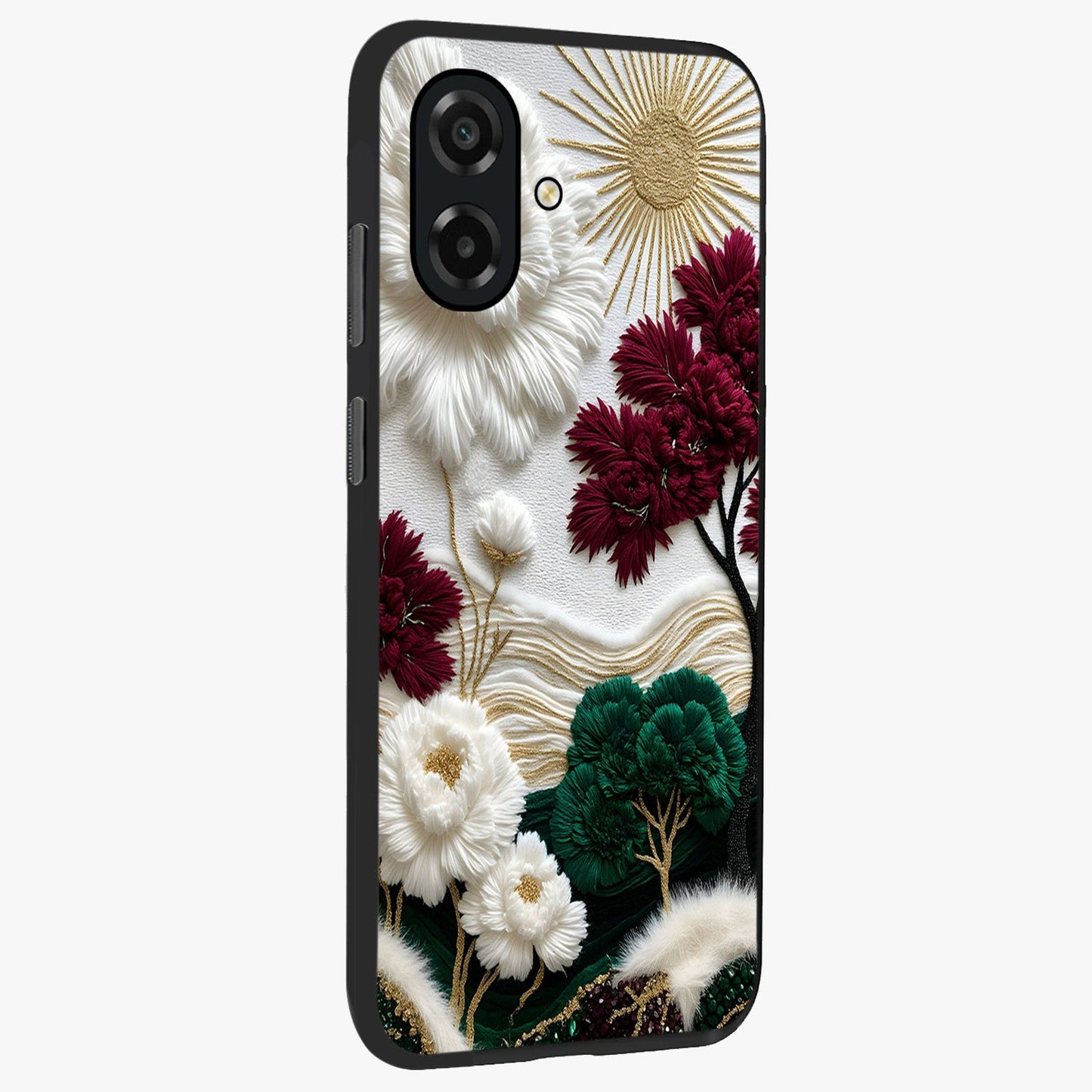 Radiant Bloom Elegance Glass Case upright view showcasing decorative flower artwork with refined botanical theme.