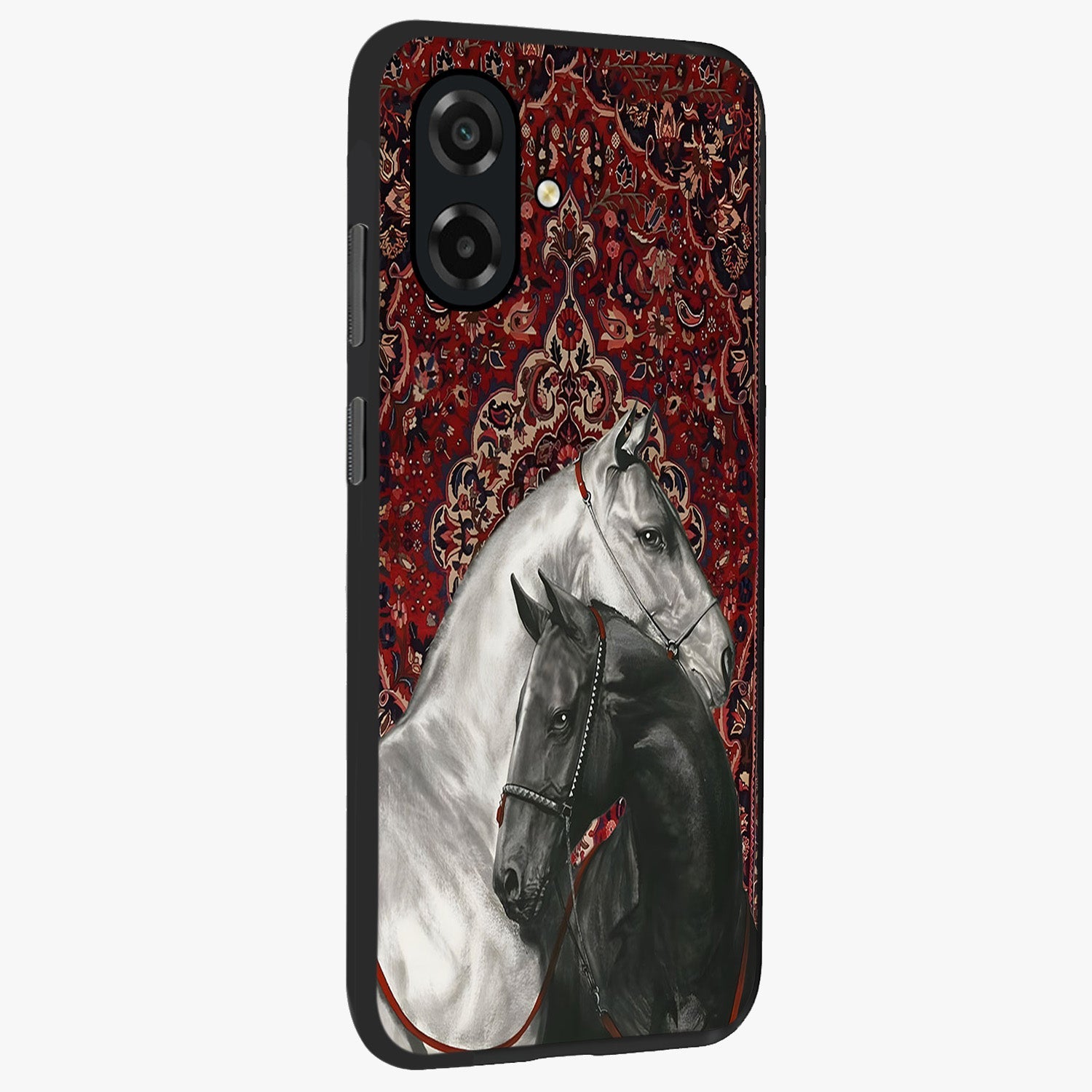 Regal Stallion Tapestry Glass Case upright view showcasing powerful horse artwork with elegant tapestry theme.
