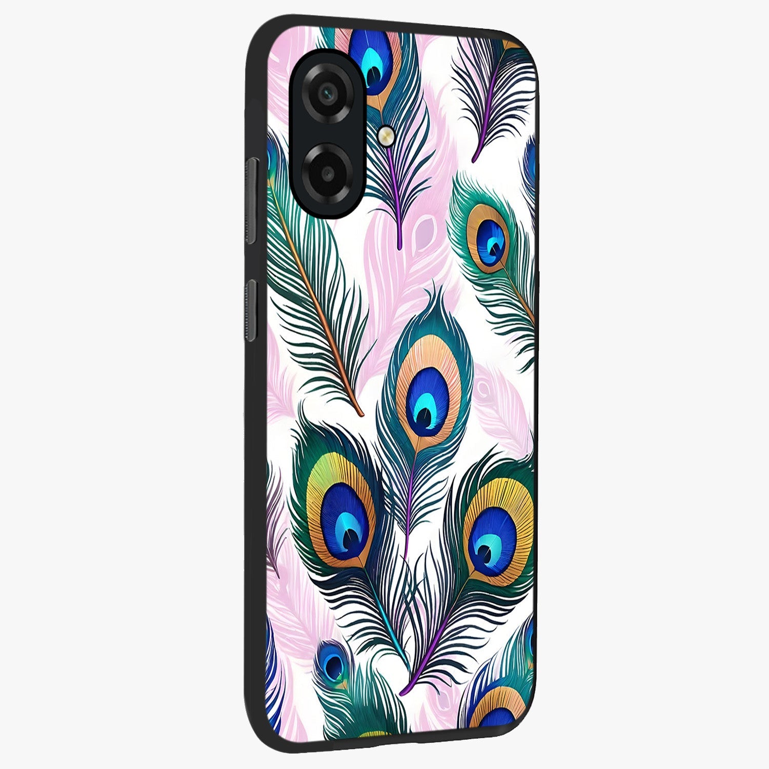Royal Peacock Feathers Glass Case upright view showcasing elegant peacock feather artwork with decorative royal theme.