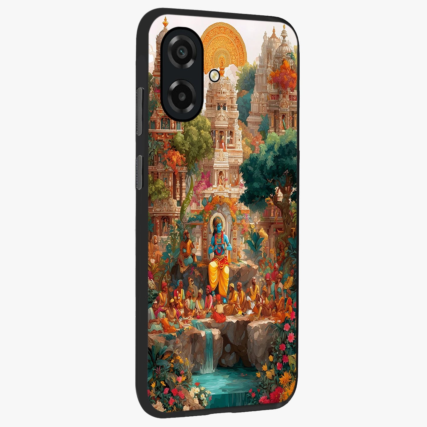 Sacred Sunlight Gods Glass Case upright view showcasing glowing divine artwork with sacred mythological theme.