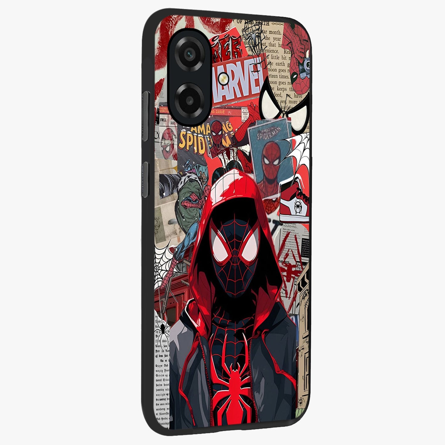 Spider Collage Street Glass Case upright view showcasing bold superhero artwork with urban street theme.
