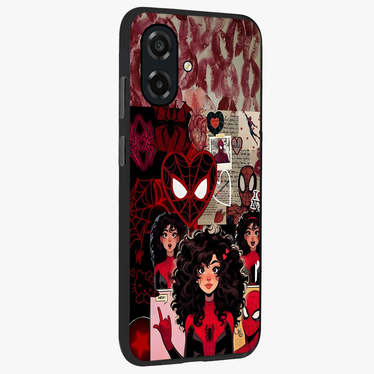 Spider Love Story Glass Case upright view showcasing charming superhero artwork with romantic comic theme.