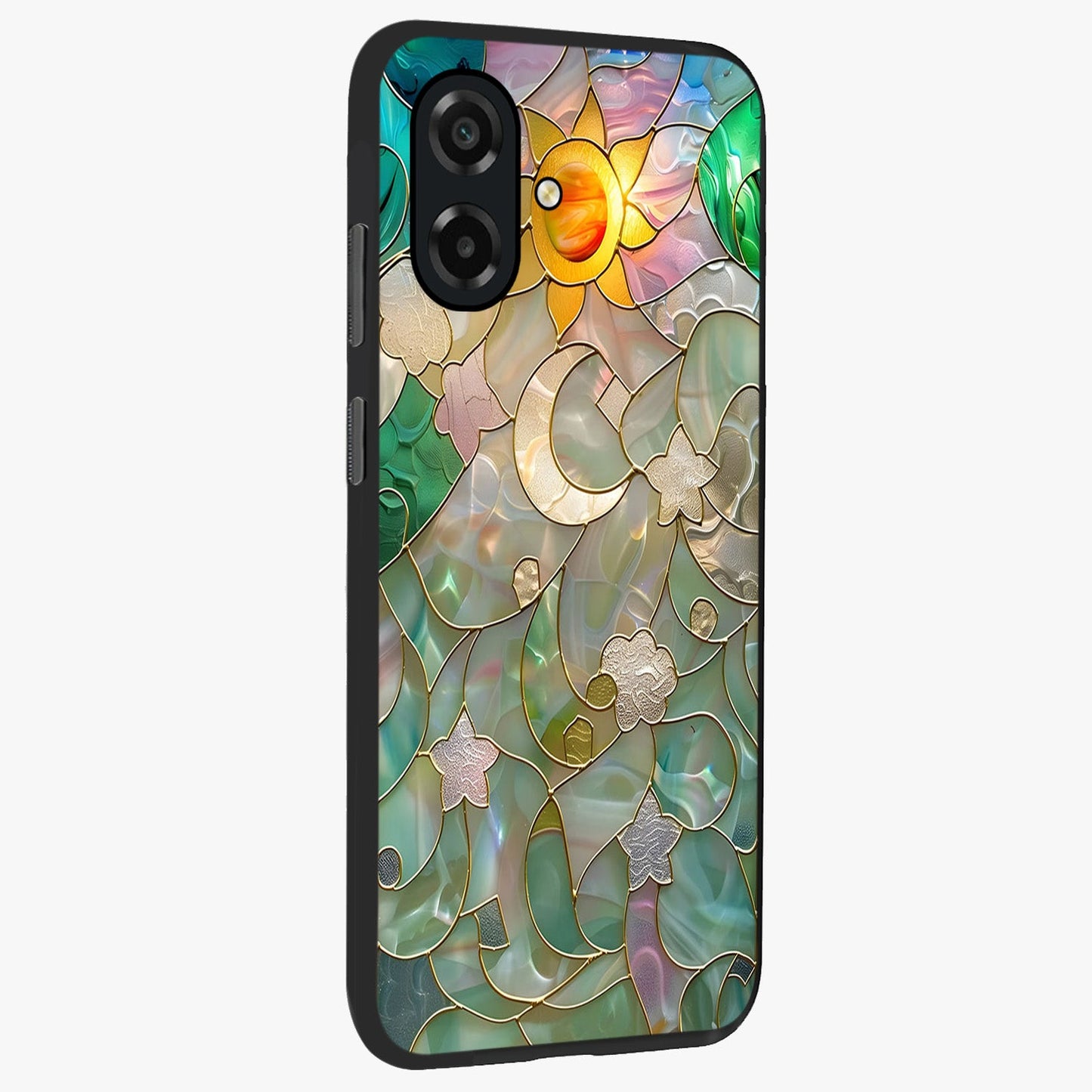 Stained Sunrise Glow Glass Case upright view showcasing colorful sunrise artwork with warm morning theme.