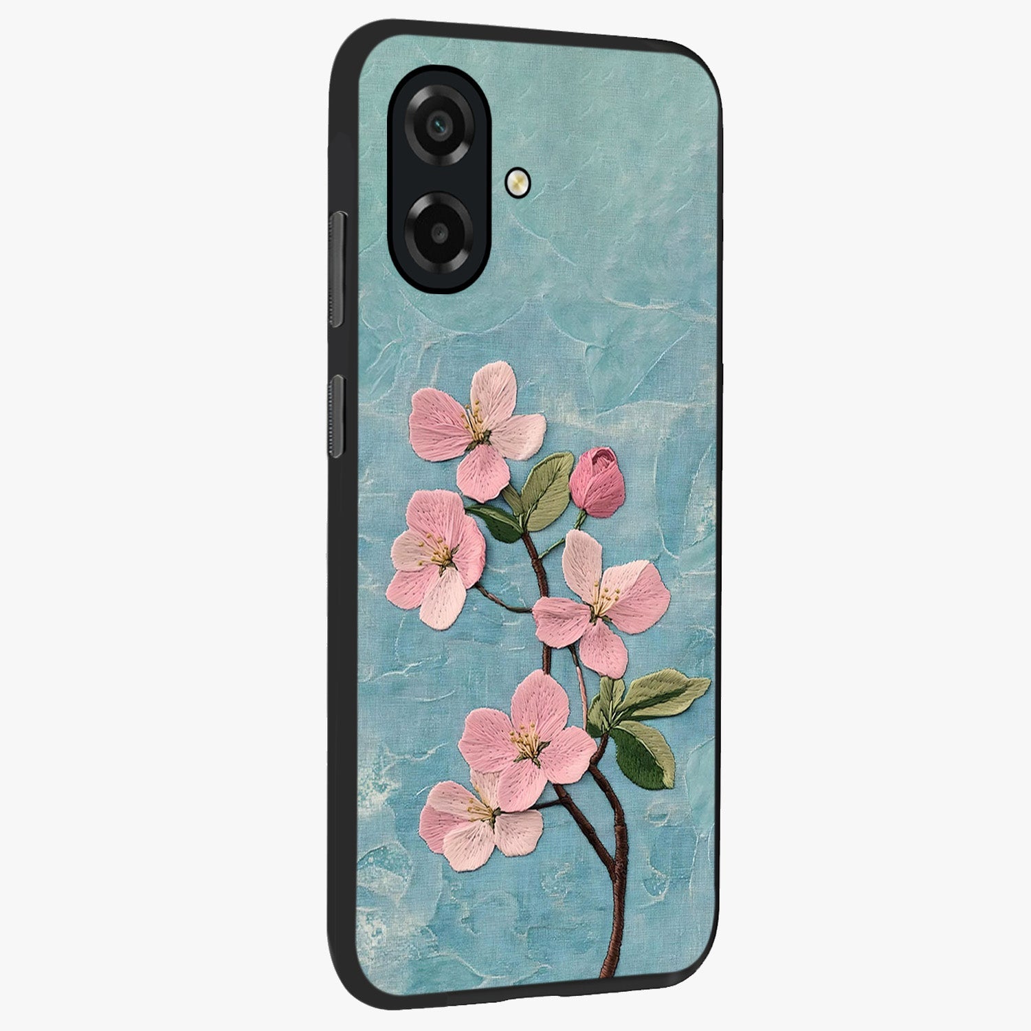 Threaded Blossom Breeze Glass Case upright view showcasing graceful flower artwork with calm botanical theme.