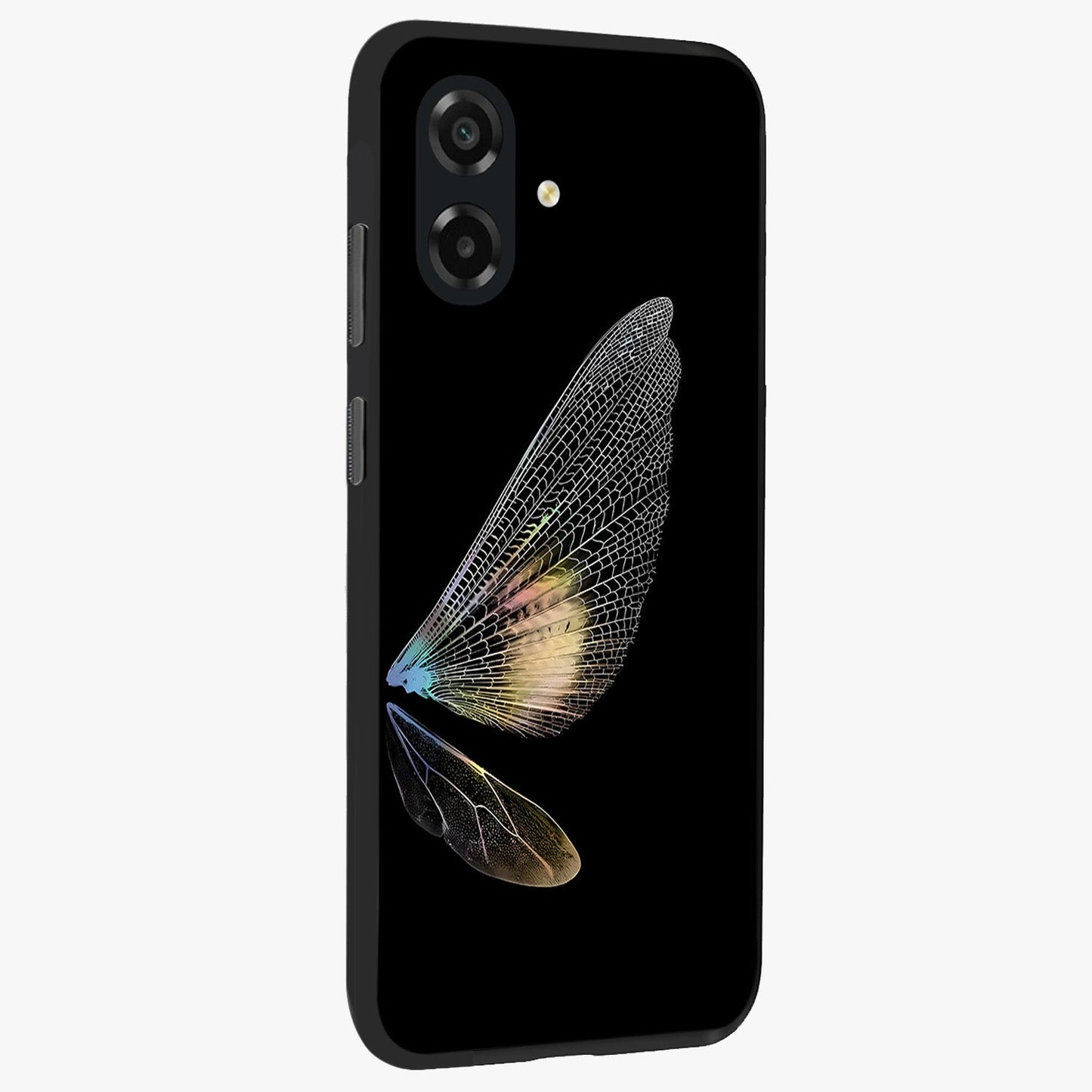 Whispers Of Wings Glass Case upright view showcasing elegant wing artwork with light airy theme.