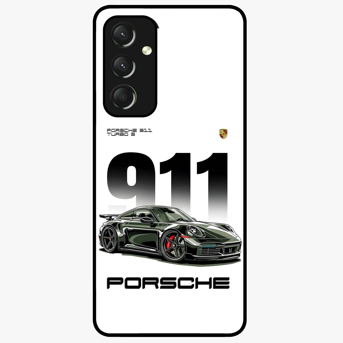 911 Turbo Dominance Glass Case showing clean flat back view with bold 911 sports car artwork and glossy glass finish.
