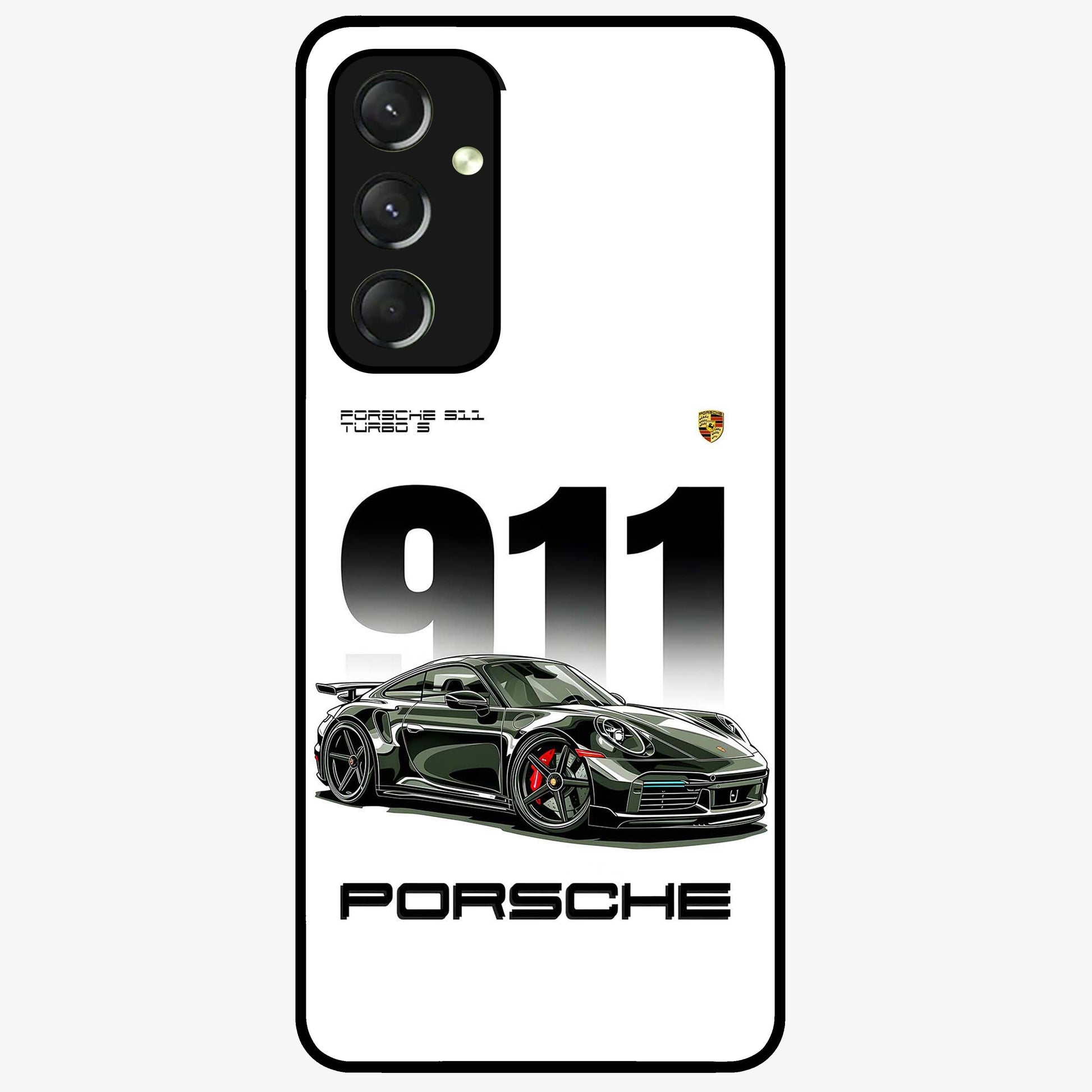 911 Turbo Dominance Glass Case showing clean flat back view with bold 911 sports car artwork and glossy glass finish.