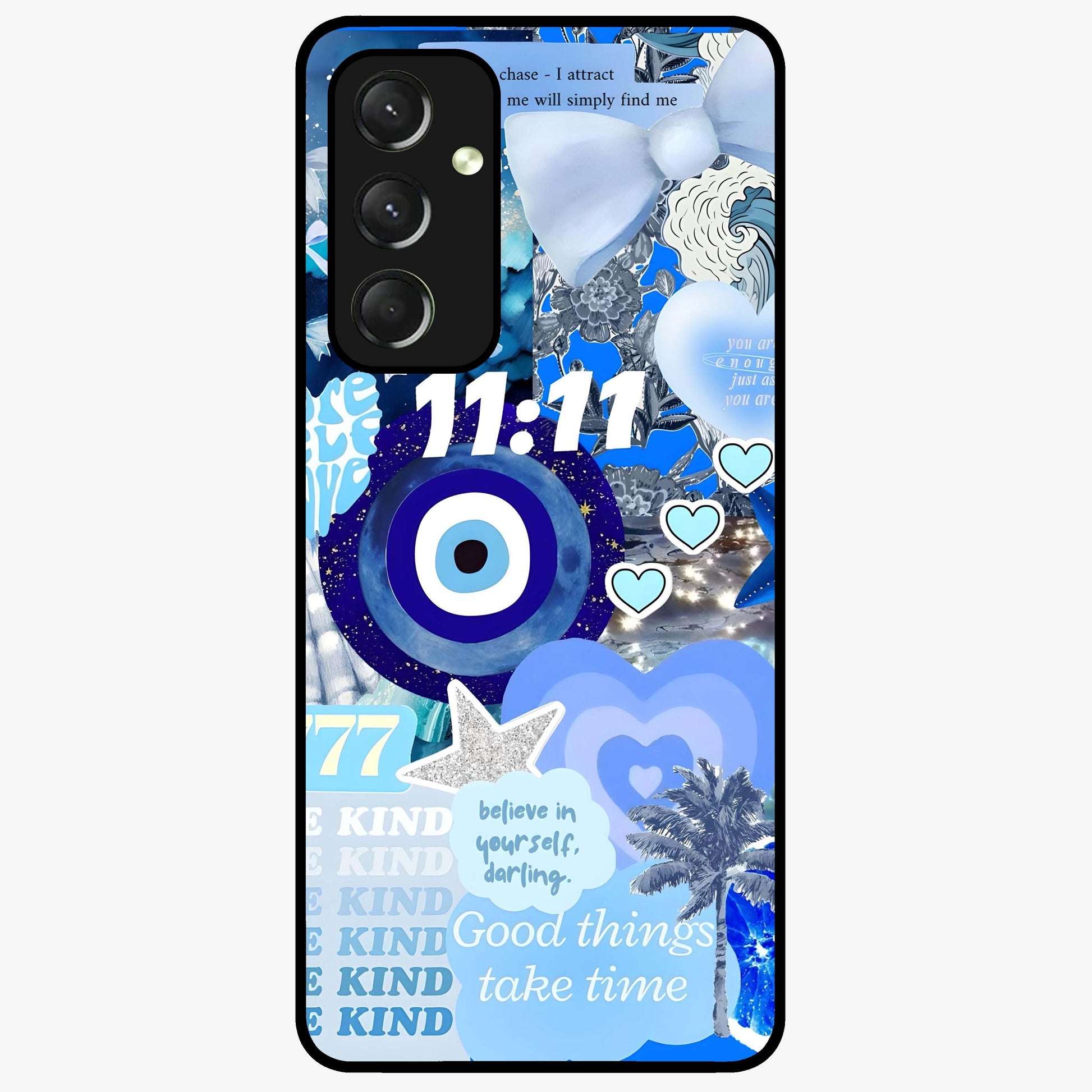 Aesthetic Be Kind Eye Glass Case showing flat back view with motivational eye artwork and glossy glass finish.