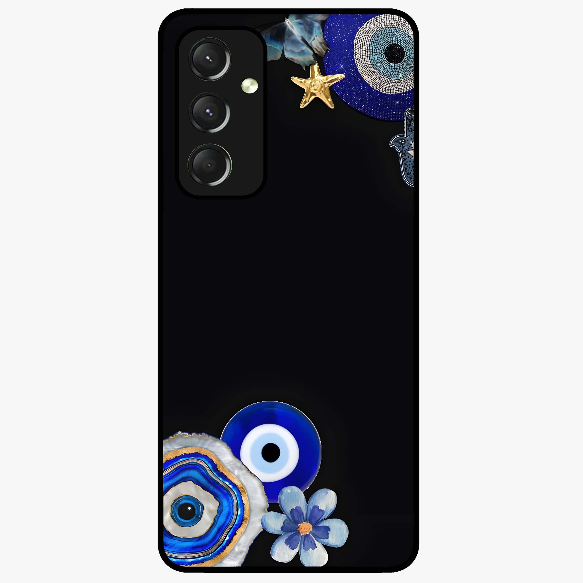 Aesthetic Blue Evil Eye Glass Case showing flat back view with protective evil eye artwork and glossy glass finish.