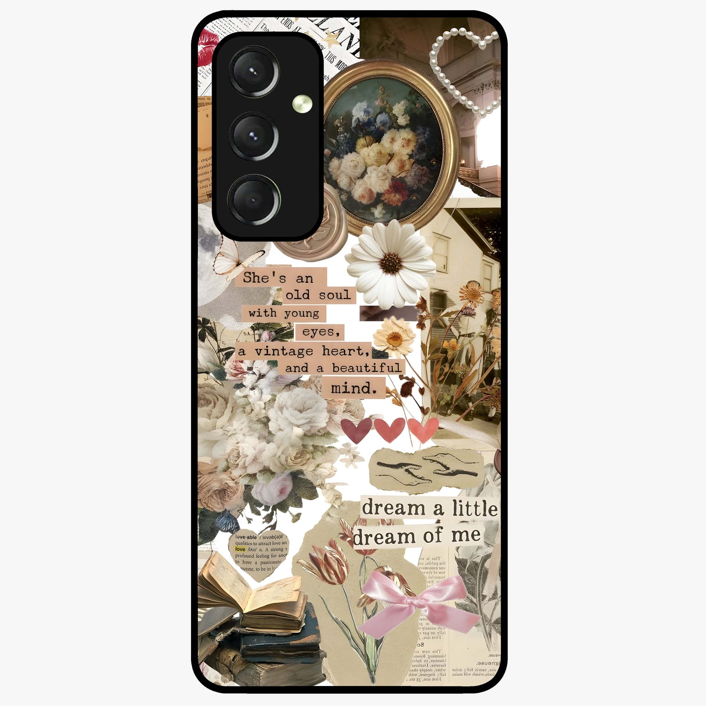 Aesthetic Brown Vintage Collage Glass Case showing flat back view with retro collage artwork and glossy glass finish.