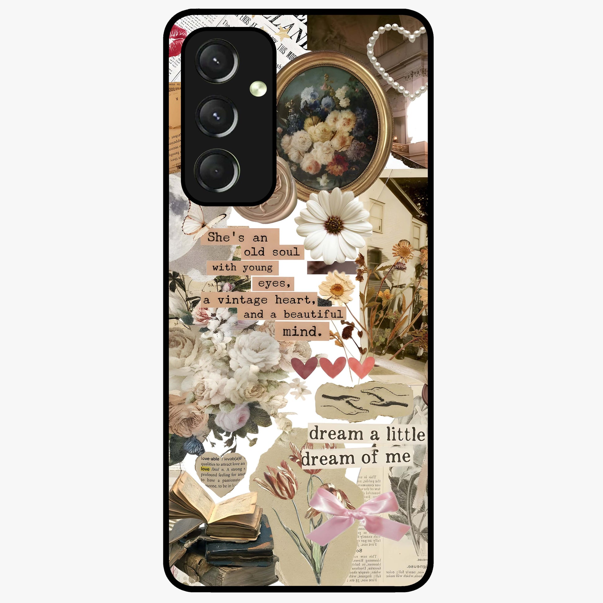 Aesthetic Brown Vintage Collage Glass Case showing flat back view with retro collage artwork and glossy glass finish.
