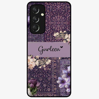 Antique Floral Whisper Custom Name Glass Case showing flat back view with vintage floral artwork and personalized name design.