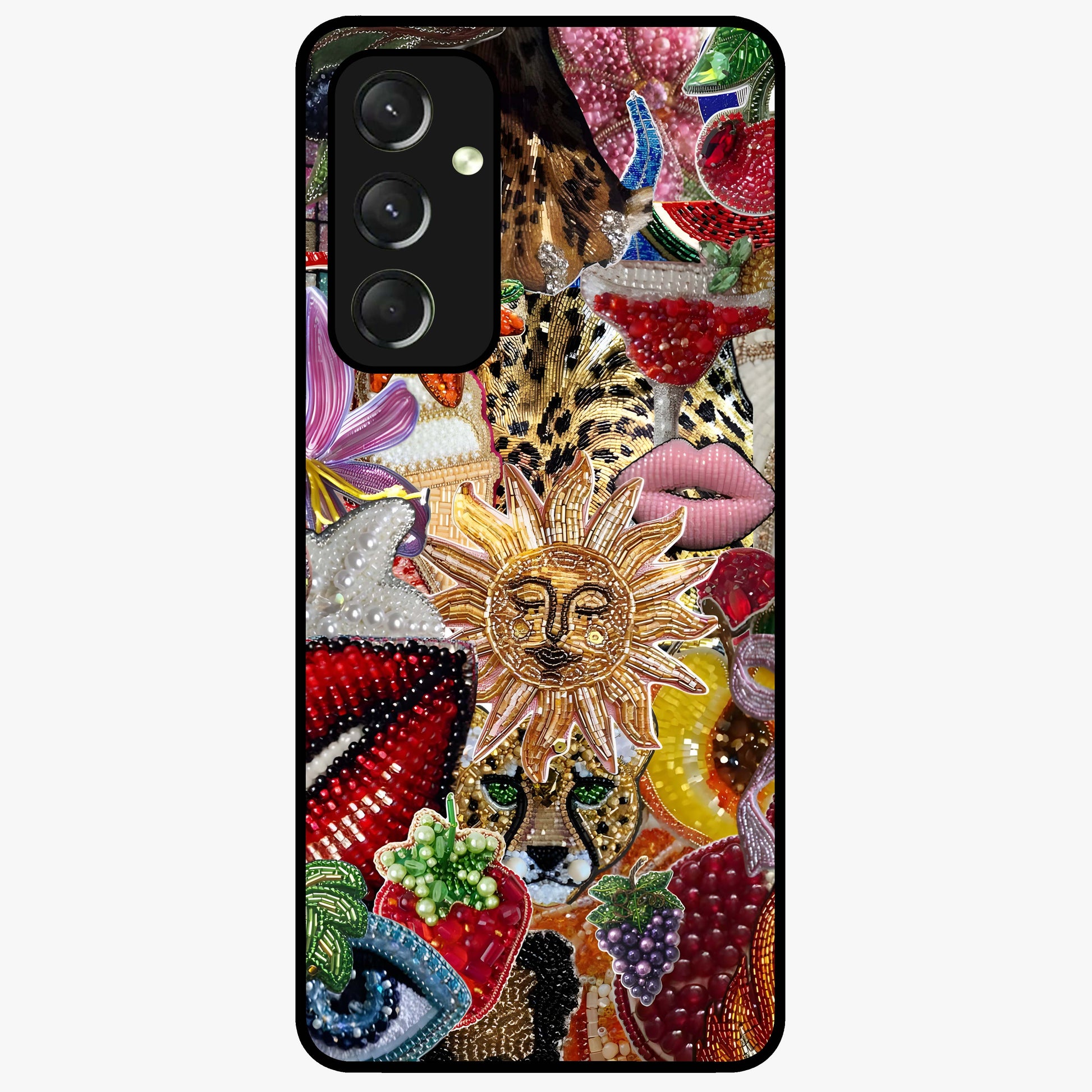 Beaded Fashion Jungle Glass Case showing flat back view with vibrant jungle inspired bead artwork and glossy glass finish.