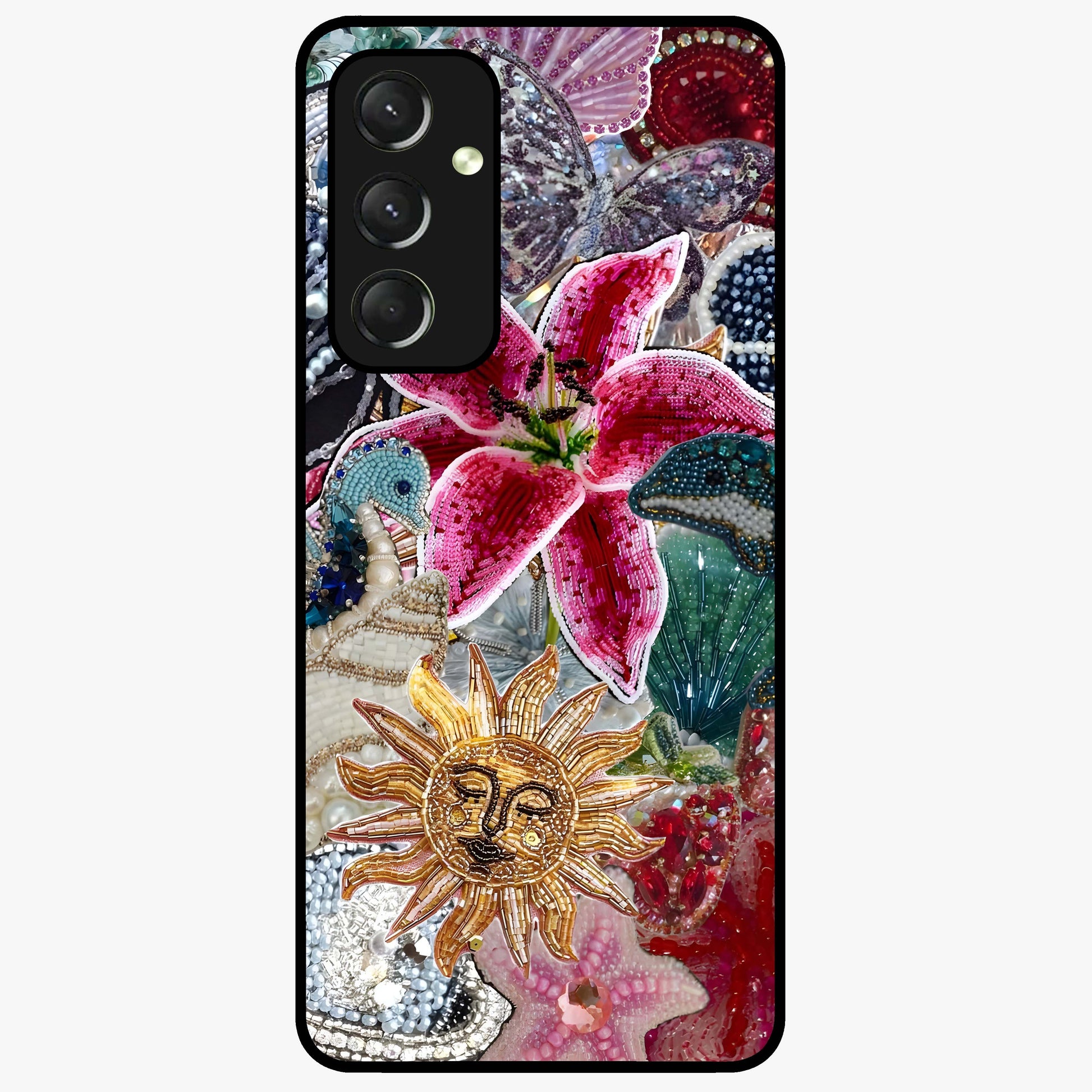 Beaded Garden Fantasy Glass Case showing flat back view with dreamy garden bead artwork and glossy glass finish.