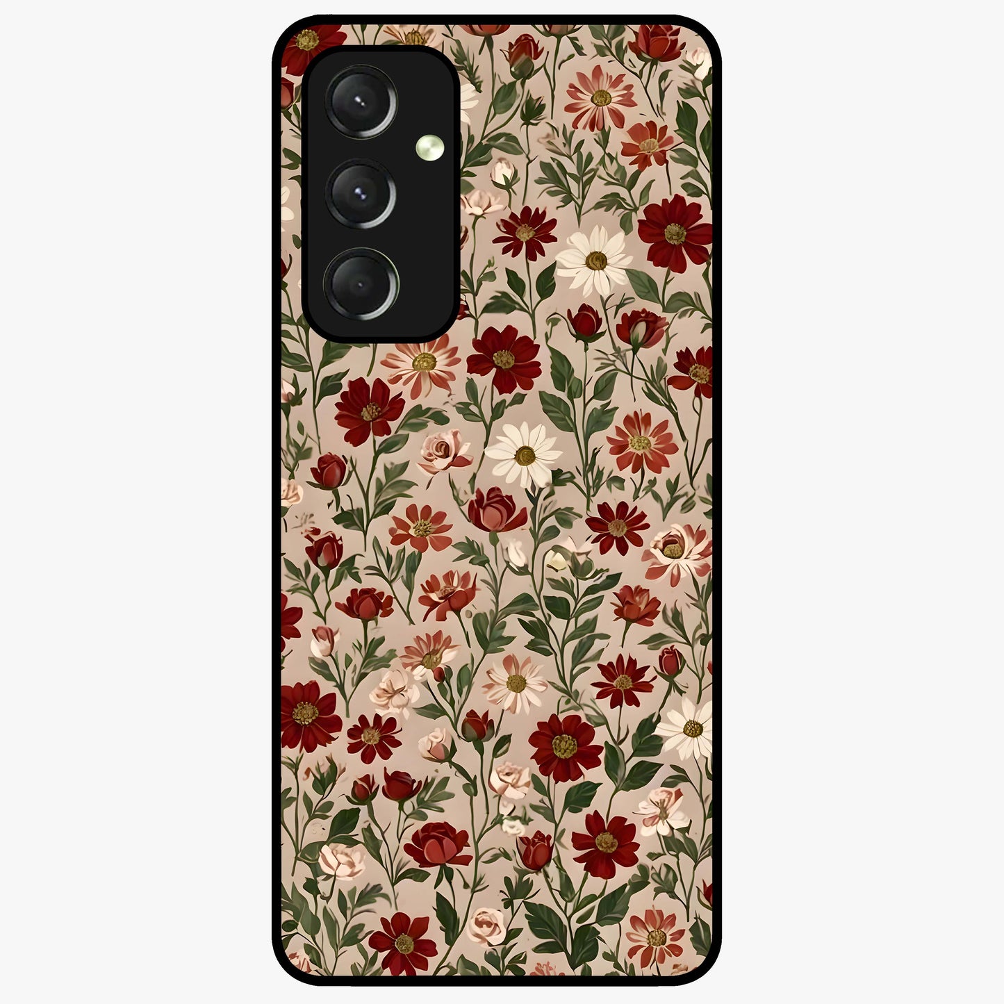 Biege Flower With Leaf Glass Case showing flat back view with soft beige floral artwork and glossy glass finish.