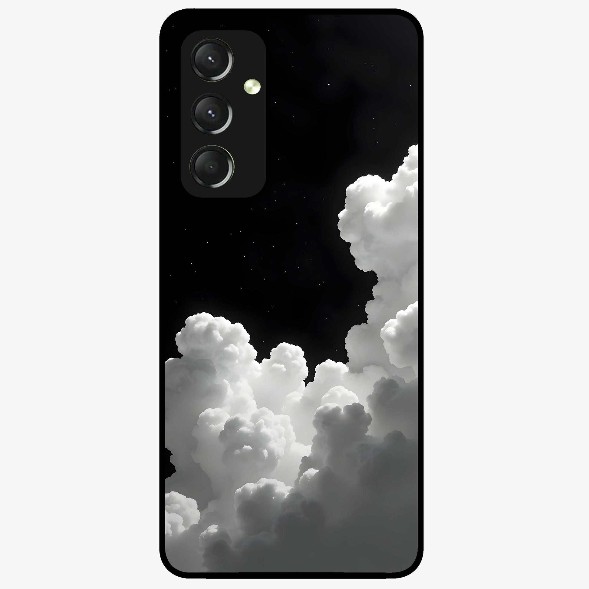 Black Background With White Cloud Glass Case showing flat back view with minimal cloud artwork on dark background and glossy glass finish.
