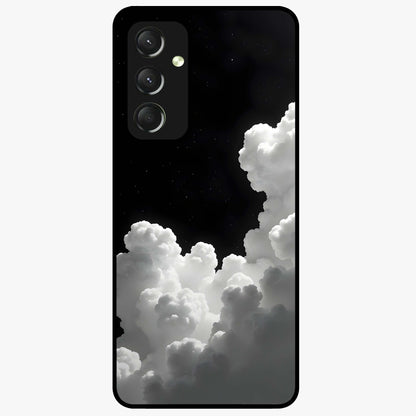 Black Background With White Cloud Glass Case showing flat back view with minimal cloud artwork on dark background and glossy glass finish.