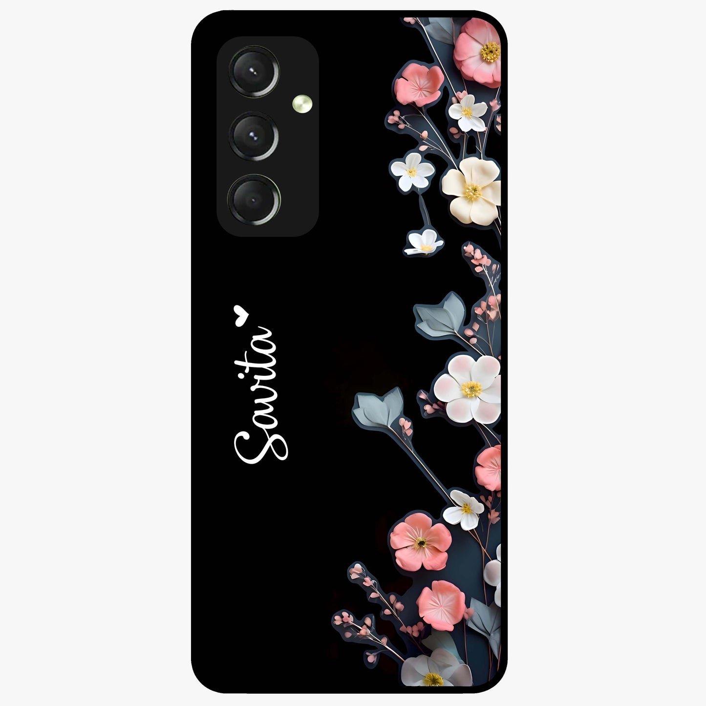 Black Elegance Floral Custom Name Glass Case showing flat back view with elegant floral artwork and personalized name design.