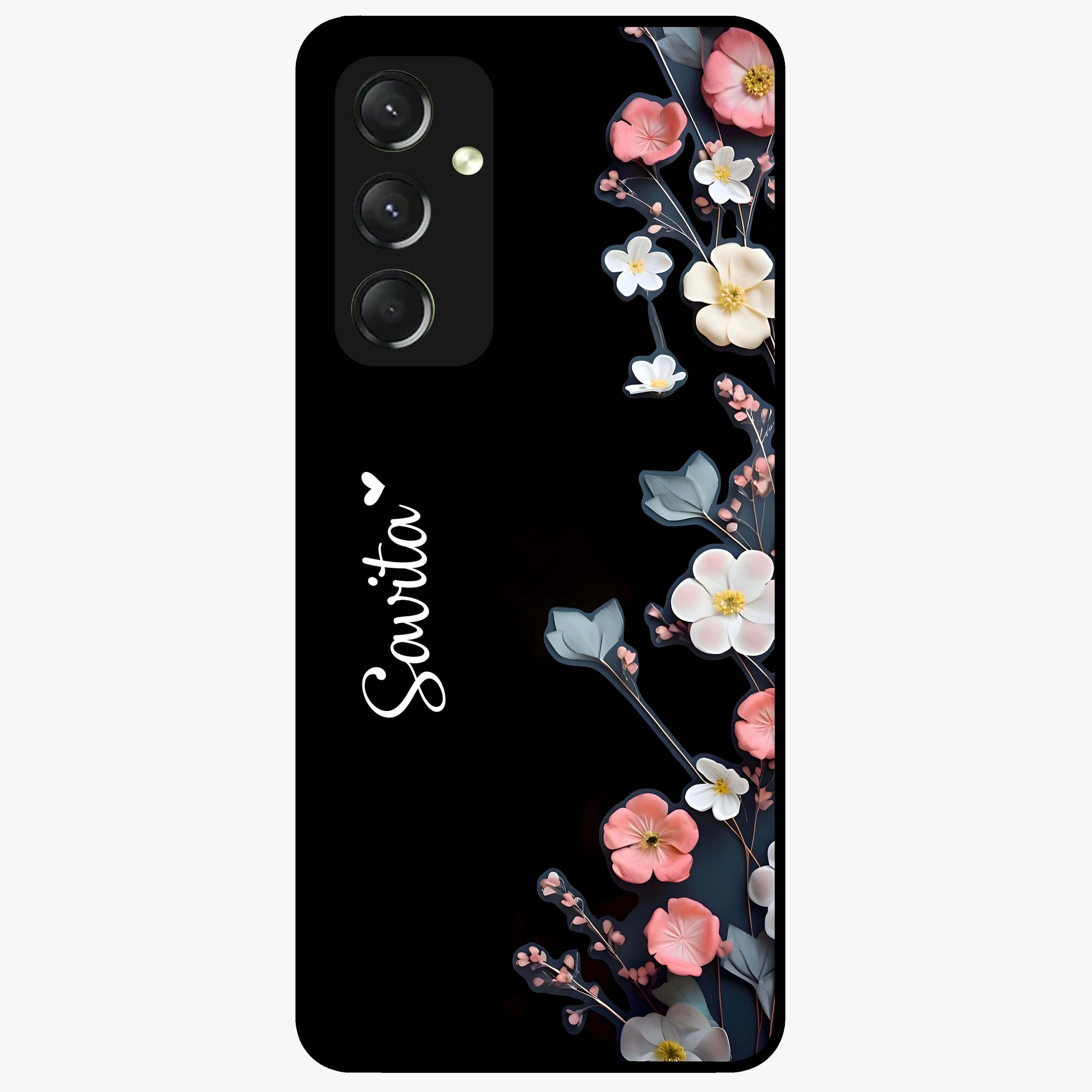 Black Elegance Floral Custom Name Glass Case showing flat back view with elegant floral artwork and personalized name design.